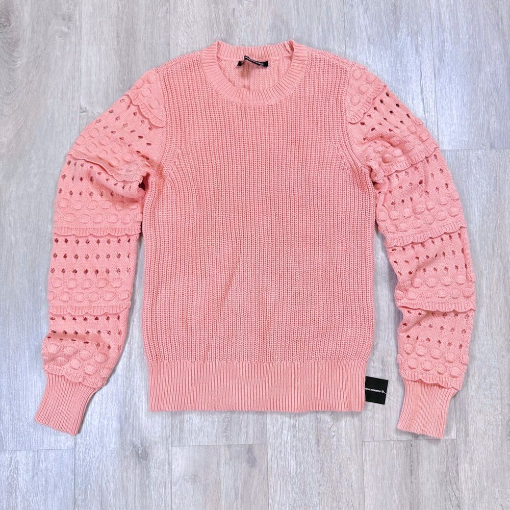 INC Women's M NWT Peach Coral Pink Cotton Blend Crewneck Pointelle Sweater